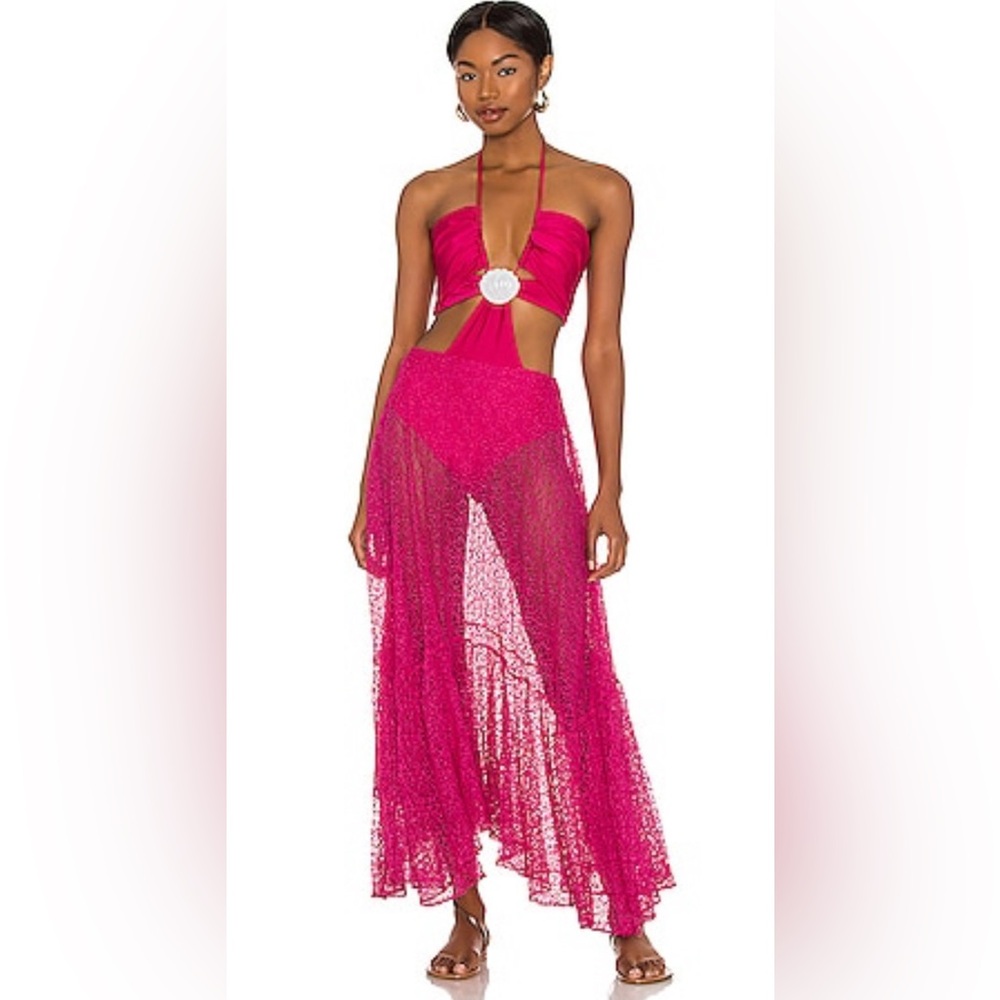 PatBO Cerise/Pink Seashell Cut Out Netted Beach Dress